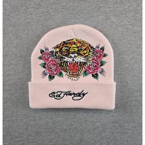 Ed Hardy Beanie Hat Womens O/S Pink Screaming Tiger Roses Ribbed Bedazzled Y2K